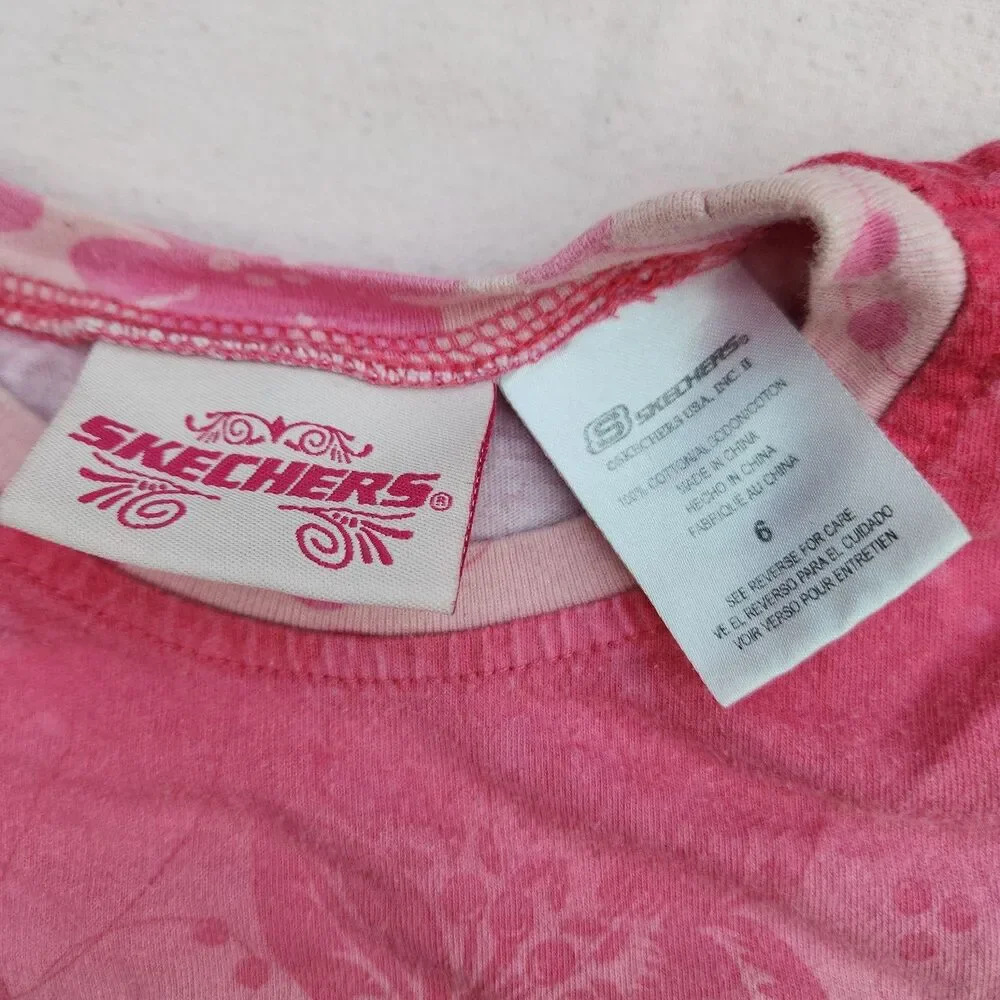 Vintage Y2K Skechers Pink Lime Green Floral Rhinestone Flutter Sleeve Top Size 6